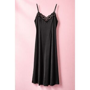 Vintage Black Slip Dress Lace Trim Satin Nightgown Y2K Minimal Dress Gown